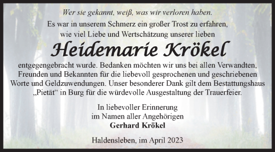 Traueranzeige von Heidemarie Krökel von Volksstimme Haldensleben/Wolmirstedt