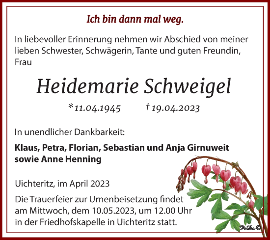 Traueranzeige von Heidemarie Schweigel von Trauerkombi Weißenfels