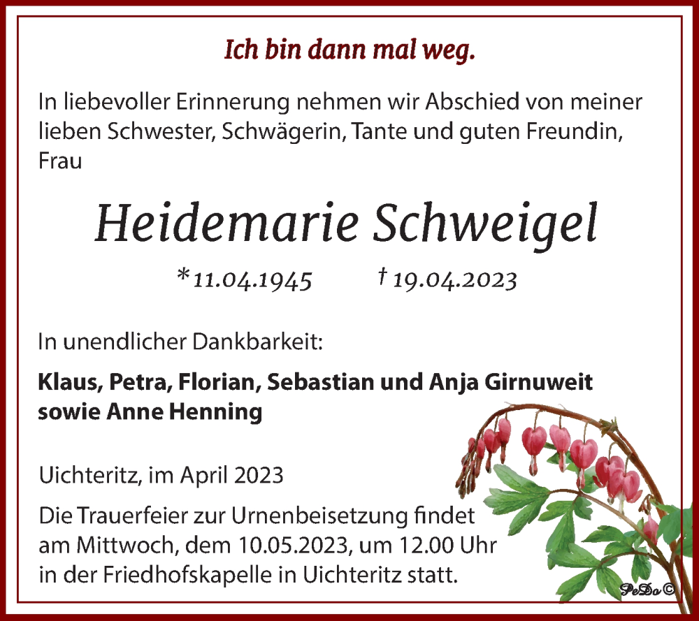  Traueranzeige für Heidemarie Schweigel vom 22.04.2023 aus Trauerkombi Weißenfels