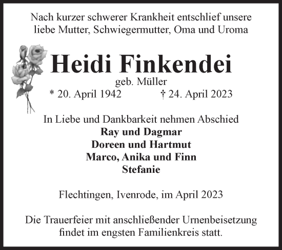 Traueranzeige von Heidi Finkendei von Volksstimme Haldensleben/Wolmirstedt