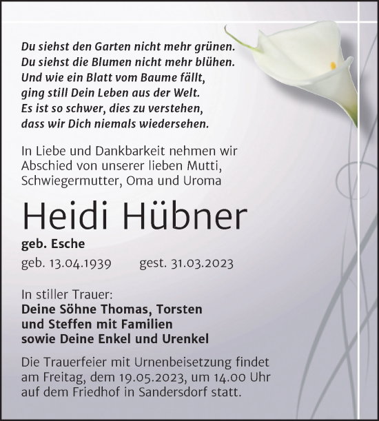 Traueranzeige von Heidi Hübner von Trauerkombi Bitterfeld