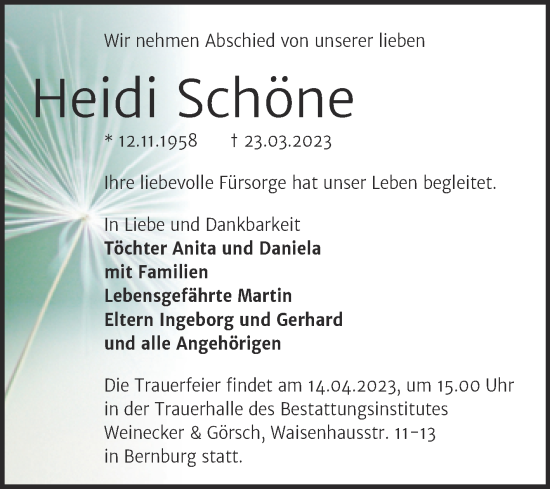 Traueranzeige von Heidi Schöne von Trauerkombi Bernburg
