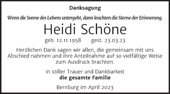 Traueranzeige von Heidi Schöne von Trauerkombi Bernburg