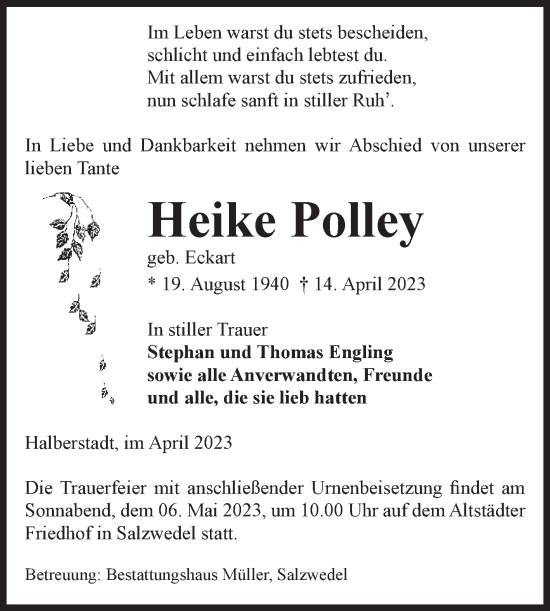 Traueranzeige von Heike Polley von Volksstimme Halberstadt