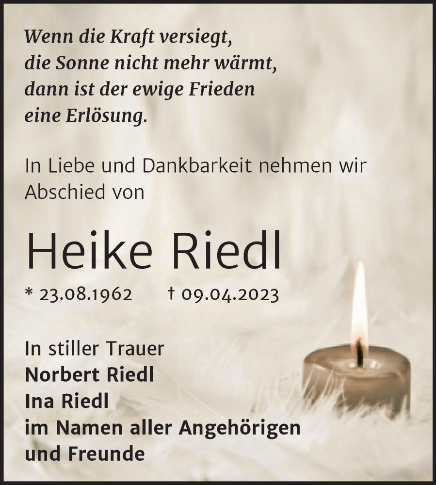  Traueranzeige für Heike Riedl vom 15.04.2023 aus Mitteldeutsche Zeitung Halle/Saalkreis