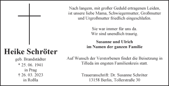 Traueranzeige von Heike Schröter von Trauerkombi Sangerhausen