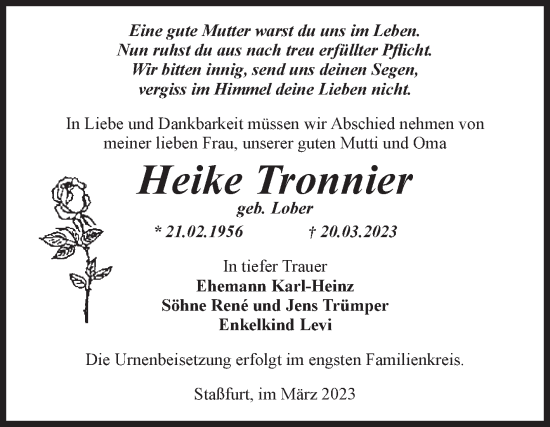 Traueranzeige von Heike Tronnier von Volksstimme Staßfurt