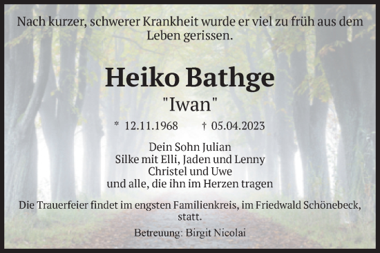 Traueranzeige von Heiko Bathge von Volksstimme Magdeburg