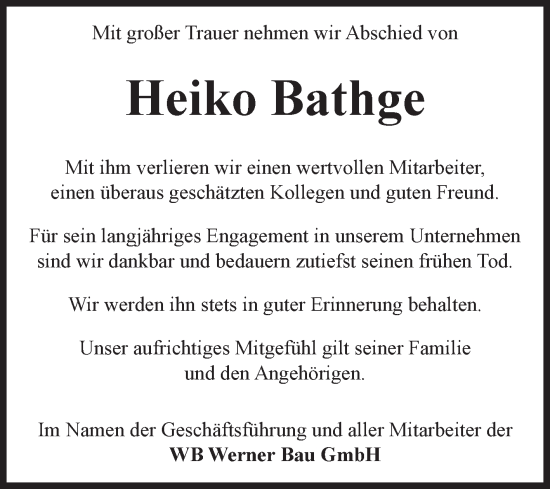 Traueranzeige von Heiko Bathge von Volksstimme Magdeburg