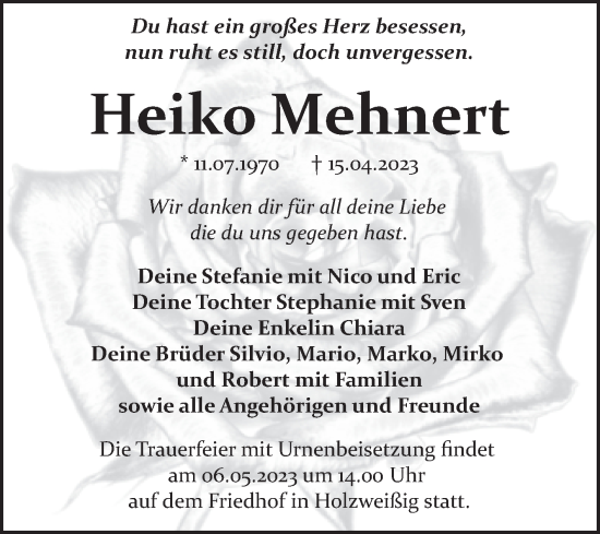 Traueranzeige von Heiko Mehnert von Trauerkombi Bitterfeld