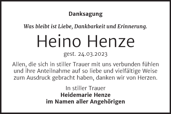 Traueranzeige von Heino Henze von Trauerkombi Wittenberg