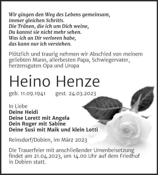 Traueranzeige von Heino Henze von Trauerkombi Wittenberg