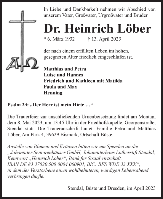 Traueranzeige von Heinrich Löber von Volksstimme Altmark Ost