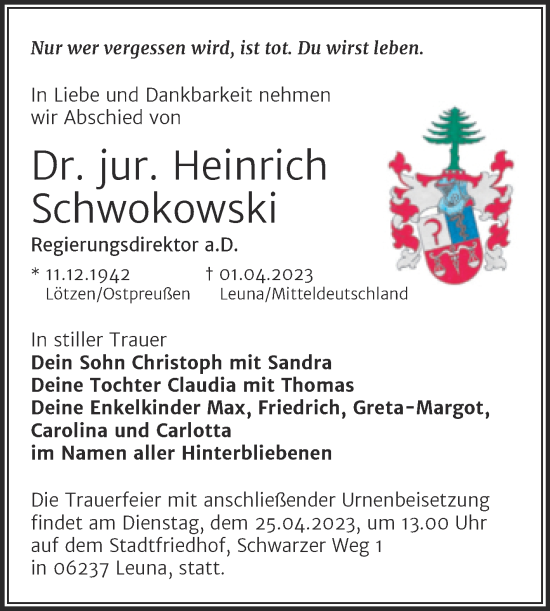 Traueranzeige von Heinrich Schwokowski von Mitteldeutsche Zeitung Halle/Saalkreis