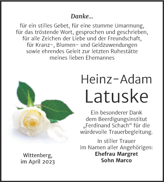 Traueranzeige von Heinz-Adam Latuske von Trauerkombi Wittenberg