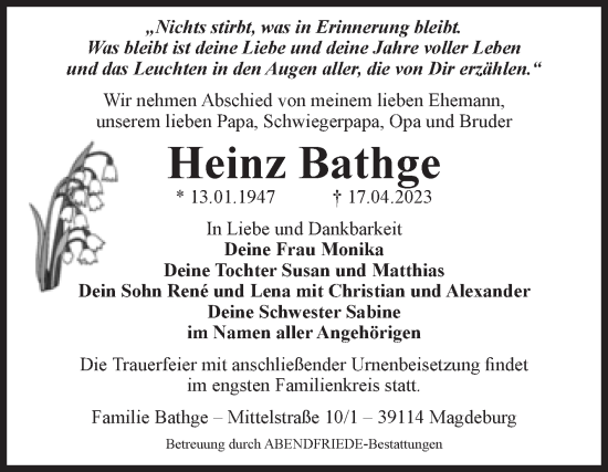 Traueranzeige von Heinz Bathge von Volksstimme Haldensleben/Wolmirstedt