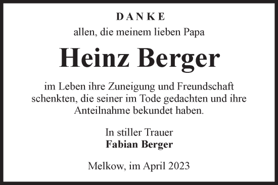 Traueranzeige von Heinz Berger von Volksstimme Altmark Ost
