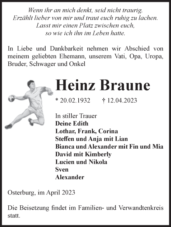 Traueranzeige von Heinz Braune von Volksstimme Altmark Ost