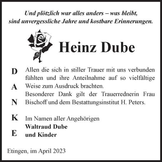 Traueranzeige von Heinz Dube von Volksstimme Haldensleben/Wolmirstedt