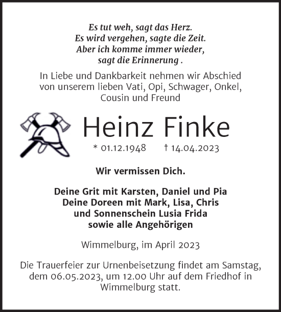 Traueranzeige von Heinz Finke von Trauerkombi Mansfelder Land