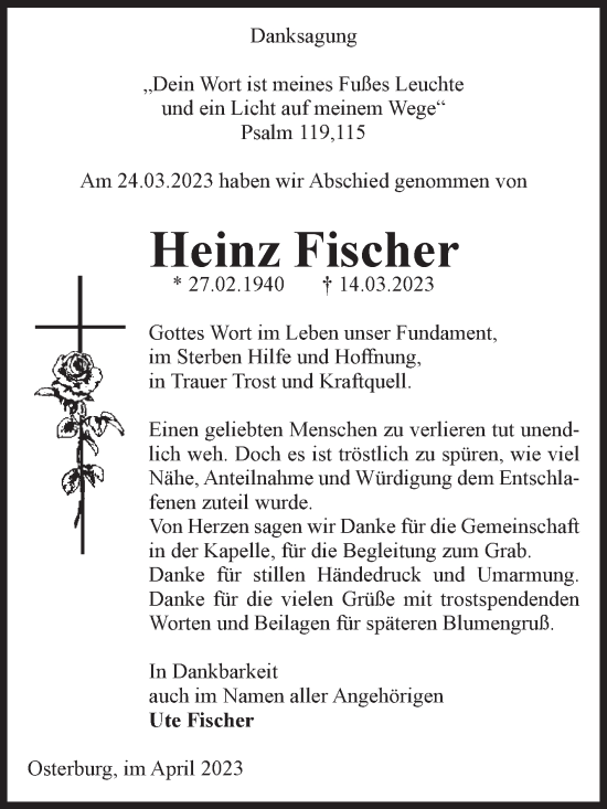 Traueranzeige von Heinz Fischer von Volksstimme Altmark Ost
