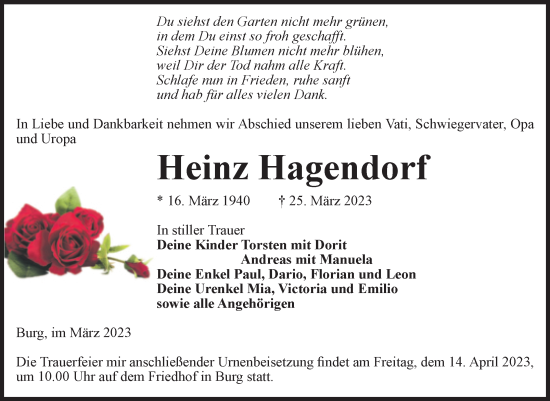 Traueranzeige von Heinz Hagendorf von Volksstimme Burg/Genthin