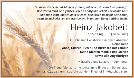 Traueranzeige von Heinz Jakobeit von Trauerkombi Merseburg