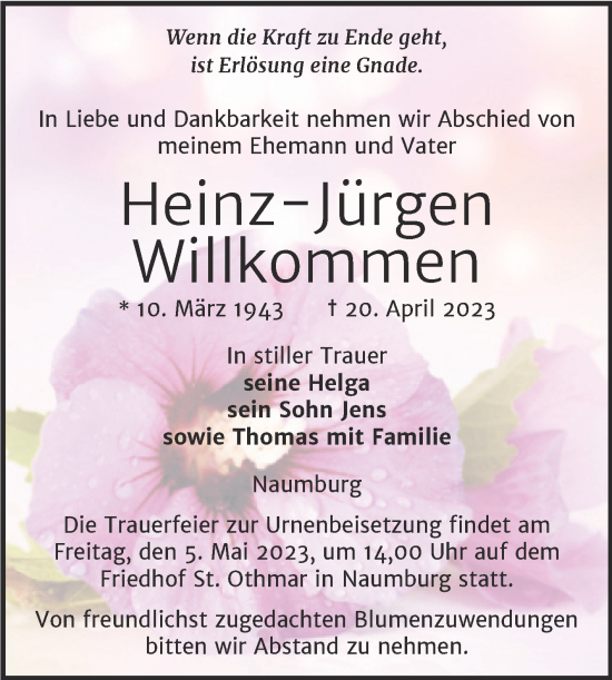 Traueranzeige von Heinz-Jürgen Willkommen von Naumburger Tageblatt