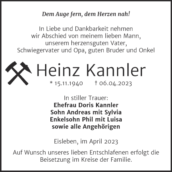 Traueranzeige von Heinz Kannler von Trauerkombi Mansfelder Land