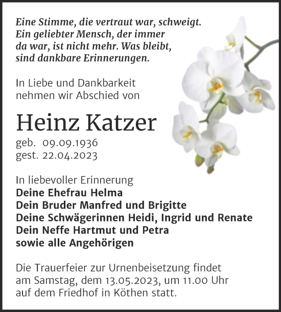 Traueranzeige von Heinz Katzer von Mitteldeutsche Zeitung Köthen