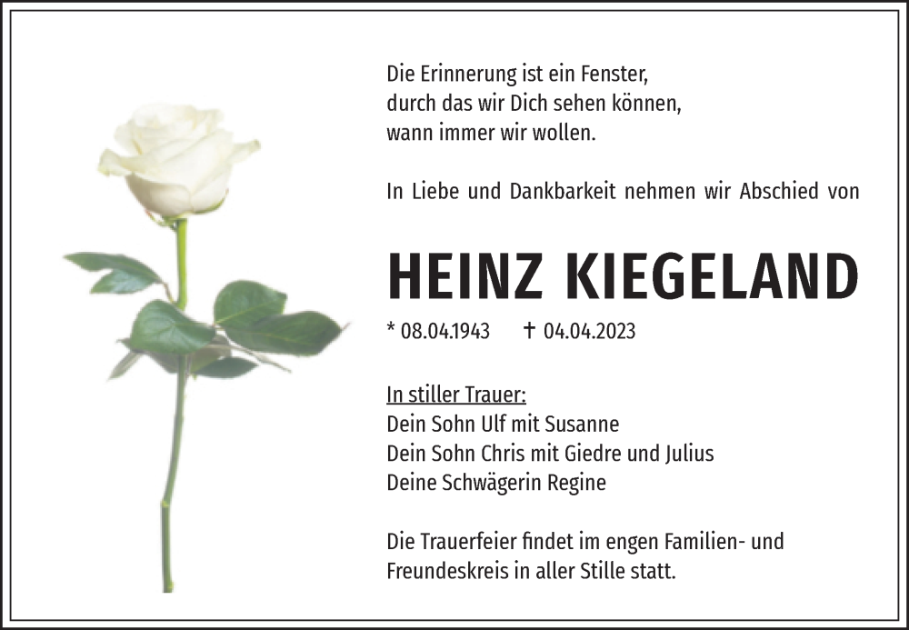  Traueranzeige für Heinz Kiegeland vom 15.04.2023 aus Mitteldeutsche Zeitung Halle/Saalkreis