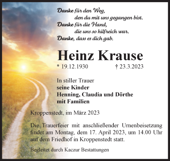 Traueranzeige von Heinz Krause von Volksstimme Oschersleben/Wanzleben