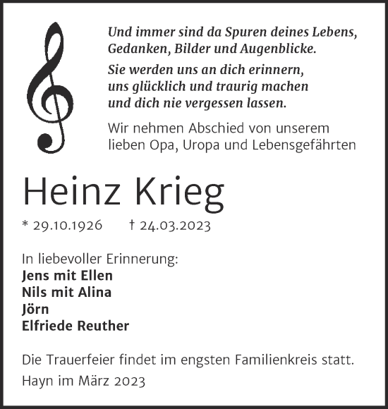 Traueranzeige von Heinz Krieg von Trauerkombi Sangerhausen