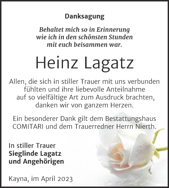 Traueranzeige von Heinz Lagatz von Trauerkombi Zeitz