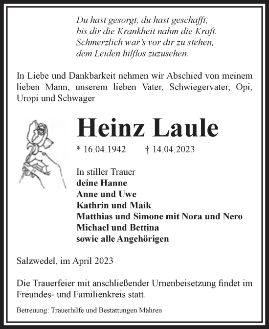 Traueranzeige von Heinz Laule von Volksstimme Altmark West