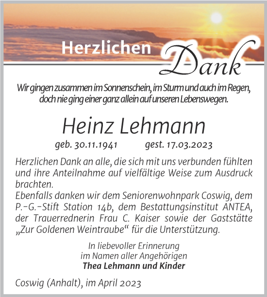 Traueranzeige von Heinz Lehmann von Trauerkombi Wittenberg