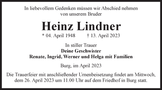 Traueranzeige von Heinz Lindner von Volksstimme Burg/Genthin