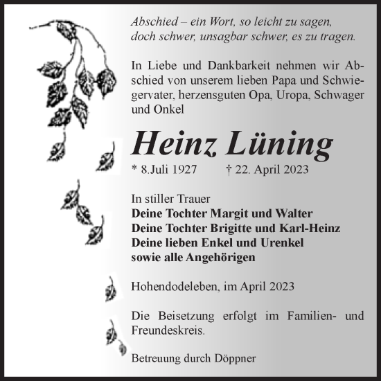 Traueranzeige von Heinz Lüning von Volksstimme Oschersleben/Wanzleben