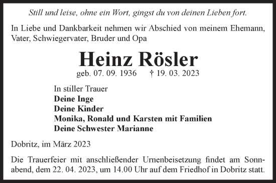 Traueranzeige von Heinz Rösler von Volksstimme Zerbst
