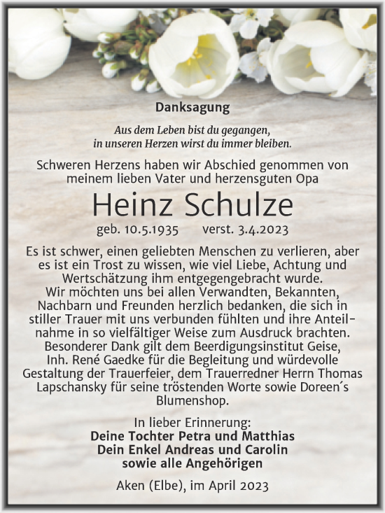 Traueranzeige von Heinz Schulze von Trauerkombi Köthen