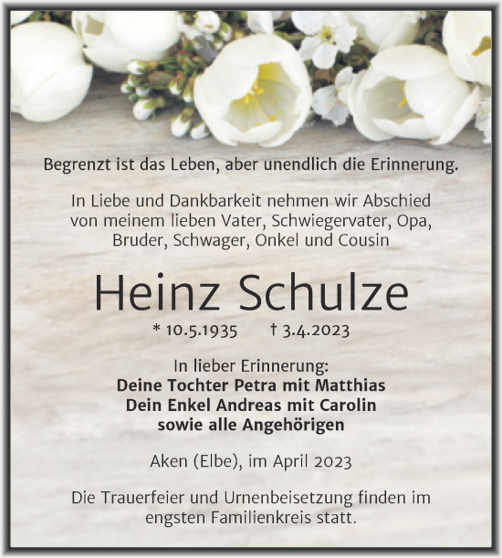 Traueranzeige von Heinz Schulze von Trauerkombi Köthen