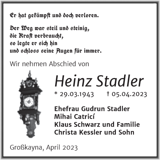 Traueranzeige von Heinz Stadler von Trauerkombi Merseburg