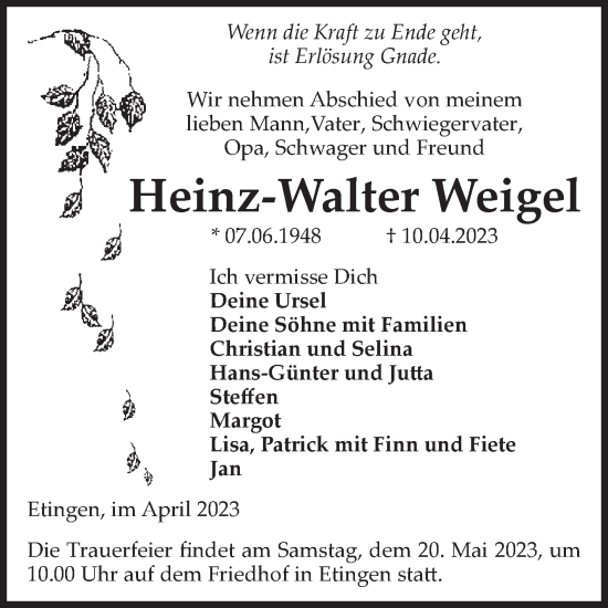 Traueranzeige von Heinz-Walter Weigel von Volksstimme Haldensleben/Wolmirstedt