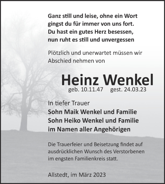 Traueranzeige von Heinz Wenkel von Trauerkombi Sangerhausen
