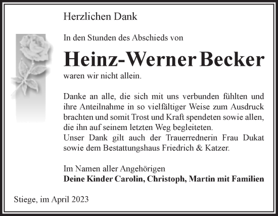 Traueranzeige von Heinz-Werner Becker von Volksstimme Wernigerode