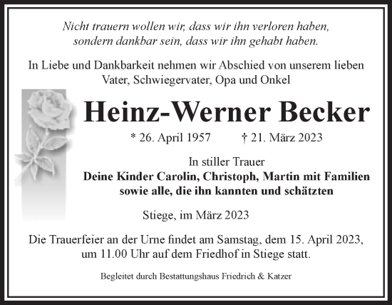 Traueranzeige von Heinz-Werner Becker von Volksstimme Wernigerode