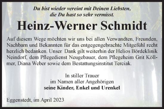 Traueranzeige von Heinz-Werner Schmidt von Volksstimme Oschersleben/Wanzleben