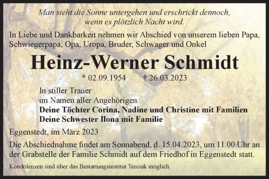 Traueranzeige von Heinz-Werner Schmidt von Volksstimme Oschersleben/Wanzleben