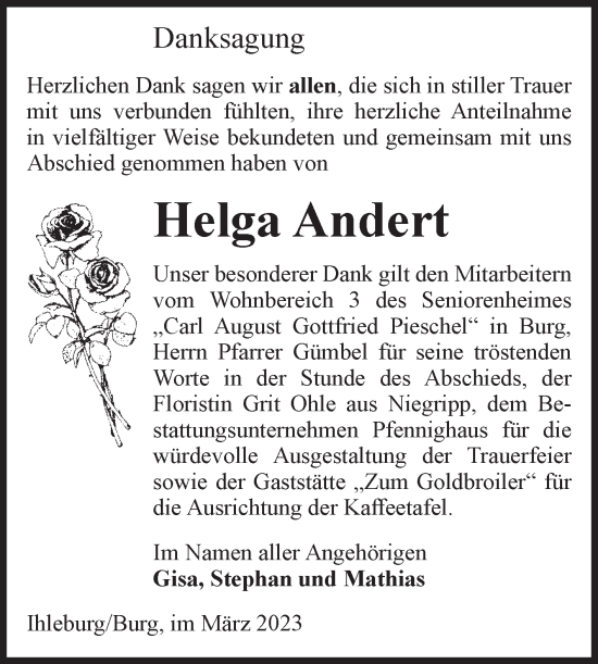 Traueranzeige von Helga Andert von Volksstimme Burg/Genthin