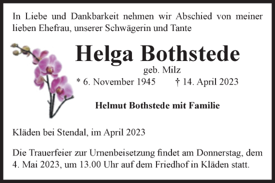 Traueranzeige von Helga Bothstede von Volksstimme Altmark Ost